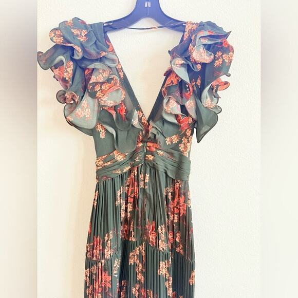Johanna Ortiz Renaissance Forest Green Floral Print Ruffle Silk Maxi Gown 2 - Picture 11 of 15